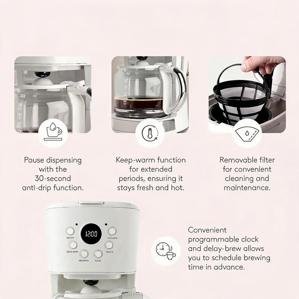 Coffee Machine, 12 Cup Programmable Drip Coffee Maker, Ivory & Chrome