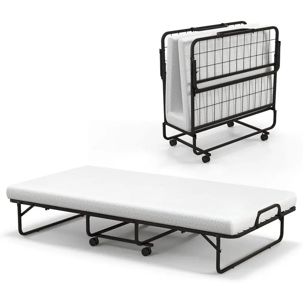 Twin Size Memory Foam Mattress with Sturdy Metal Frame, Portable Rollaway Bed for Adults & Kids, Ideal for Home or Office