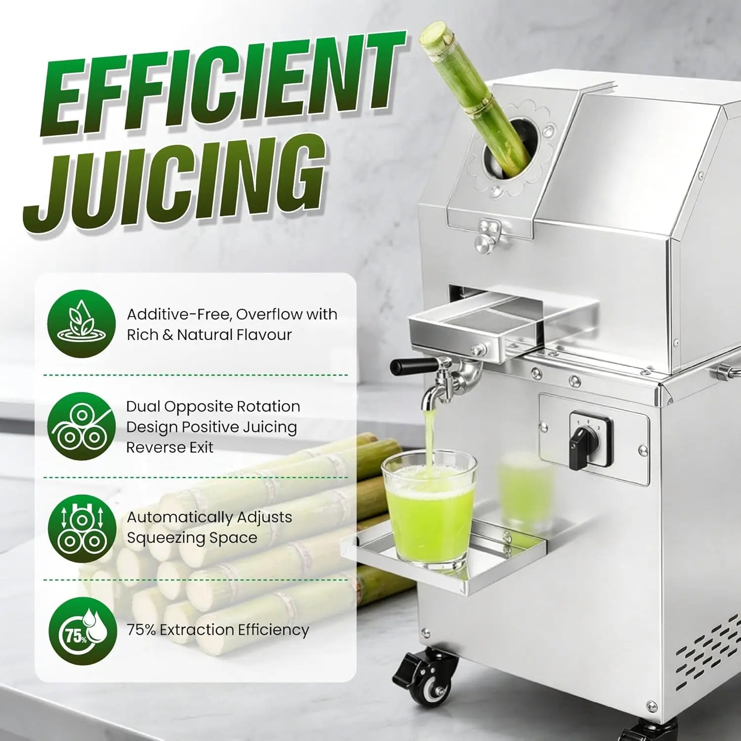 Electric Commercial Sugar Cane Juicer Machine, 800W 110V with 3 Stainless Steel Rollers, Sugar Cane Press Juice Extractor for Ju