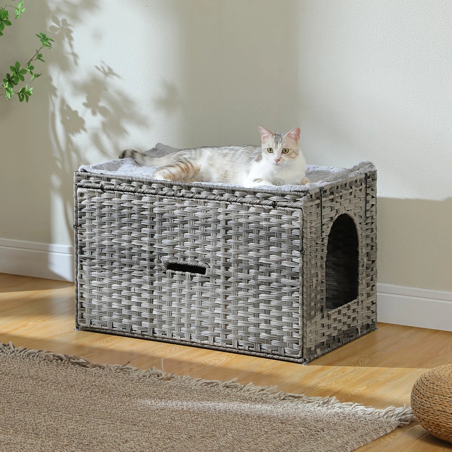 Large Hidden Litter Box Cat House Cabinet for Indoor Cats - Multi-Functional Pet Furniture with Raised Door & Cushion Lip, Handwoven Rattan Design, Easy-Clean Durable Frame, Modern Home Decor in Gray/Black/Beige/Brown - Spaci
