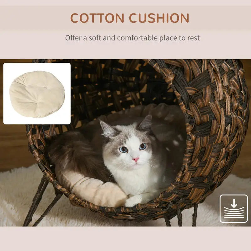 PawHut 20.5" Weaved Cat Bed, Elevated Hand-woven Braided Banana Leaf Kitten House Condo with Cushion, Brown