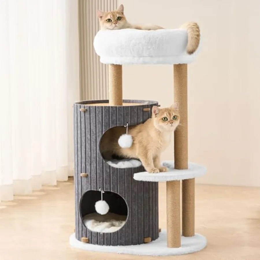 Modern Cat Tree for Indoor Cats Large Adult, 36in H Cat Tree Tower with Scratching Posts, Cozy Cat Bed Cave, Washable Cushions,
