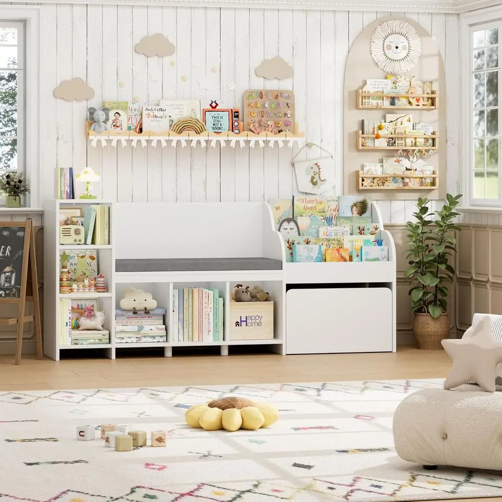 67 White Kids Reading Corner with Storage, Large Bookshelf and Toy Box on Wheels, Playroom Organizer with Bench and 6 Cubbies