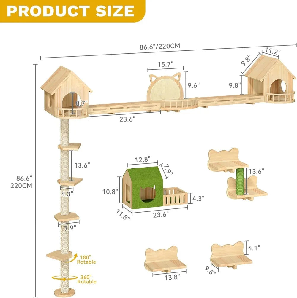 Solid Wood Cat Wall Shelves, Floor to Ceiling Cat Tower with Scratching Posts, Climbing Furniture for Large Cats, Steps, Runway, Scratching Board