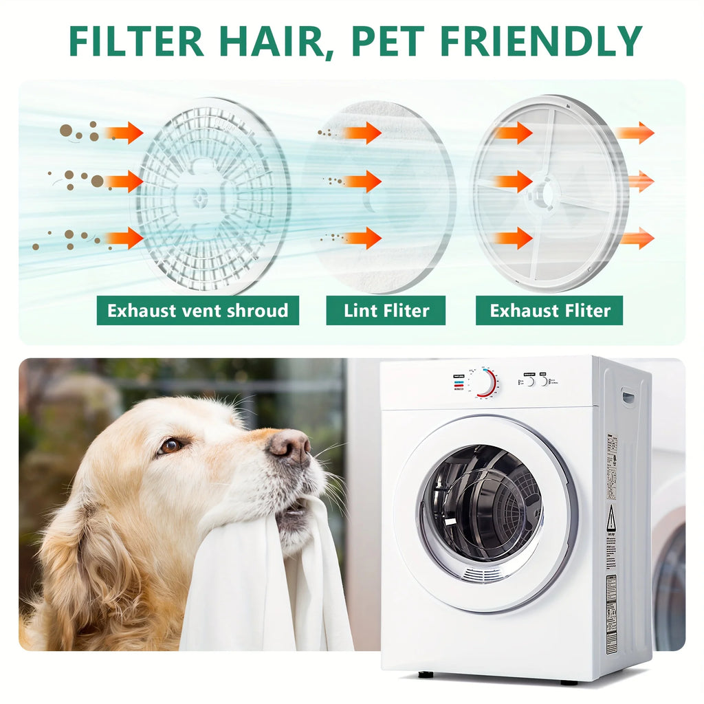 ICYGLEE 1.6/1.85/2.8 Cu. Ft. Compact Clothes Dryer with Stainless Steel Lined Exhaust Duct, Portable Four-Function Dryer Machine, Perfect for Apartments, Dorms, RVs, White