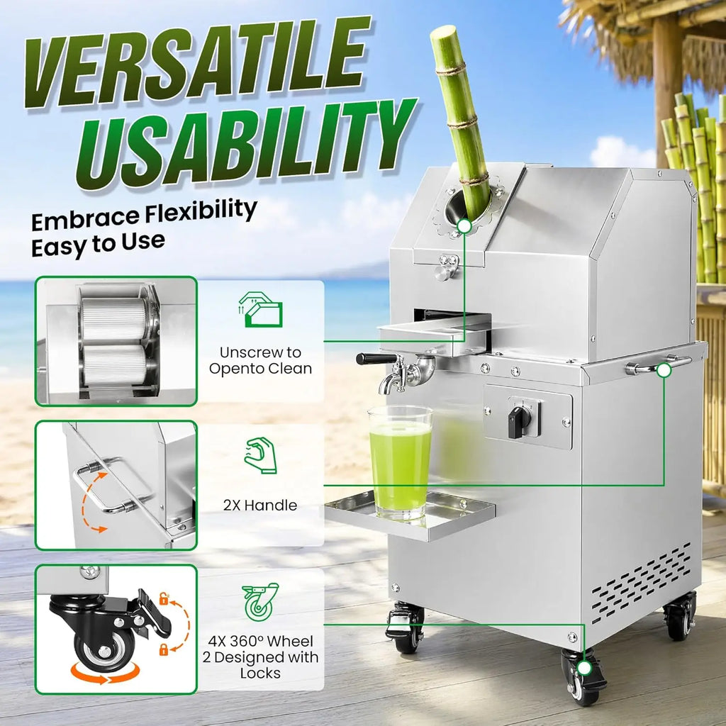 Electric Commercial Sugar Cane Juicer Machine, 800W 110V with 3 Stainless Steel Rollers, Sugar Cane Press Juice Extractor for Ju