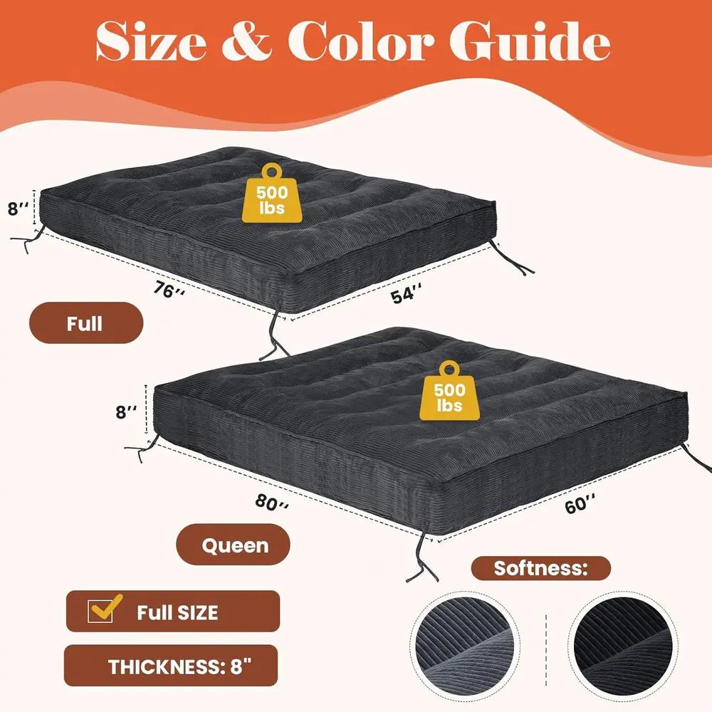 8 Inch Sleeper Couch Bed with Shredded Foam Mattress and Storage Straps for Living Room, Corduroy (Cover Not Included)