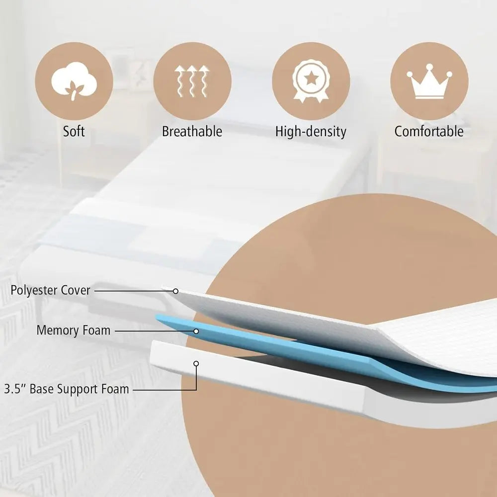 Twin Size Memory Foam Mattress with Sturdy Metal Frame, Portable Rollaway Bed for Adults & Kids, Ideal for Home or Office