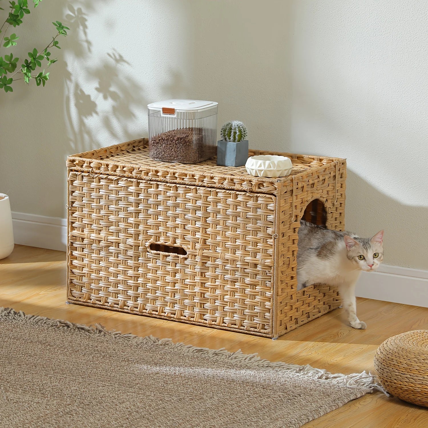Large Hidden Litter Box Cat House Cabinet for Indoor Cats - Multi-Functional Pet Furniture with Raised Door & Cushion Lip, Handwoven Rattan Design, Easy-Clean Durable Frame, Modern Home Decor in Gray/Black/Beige/Brown - Spaci