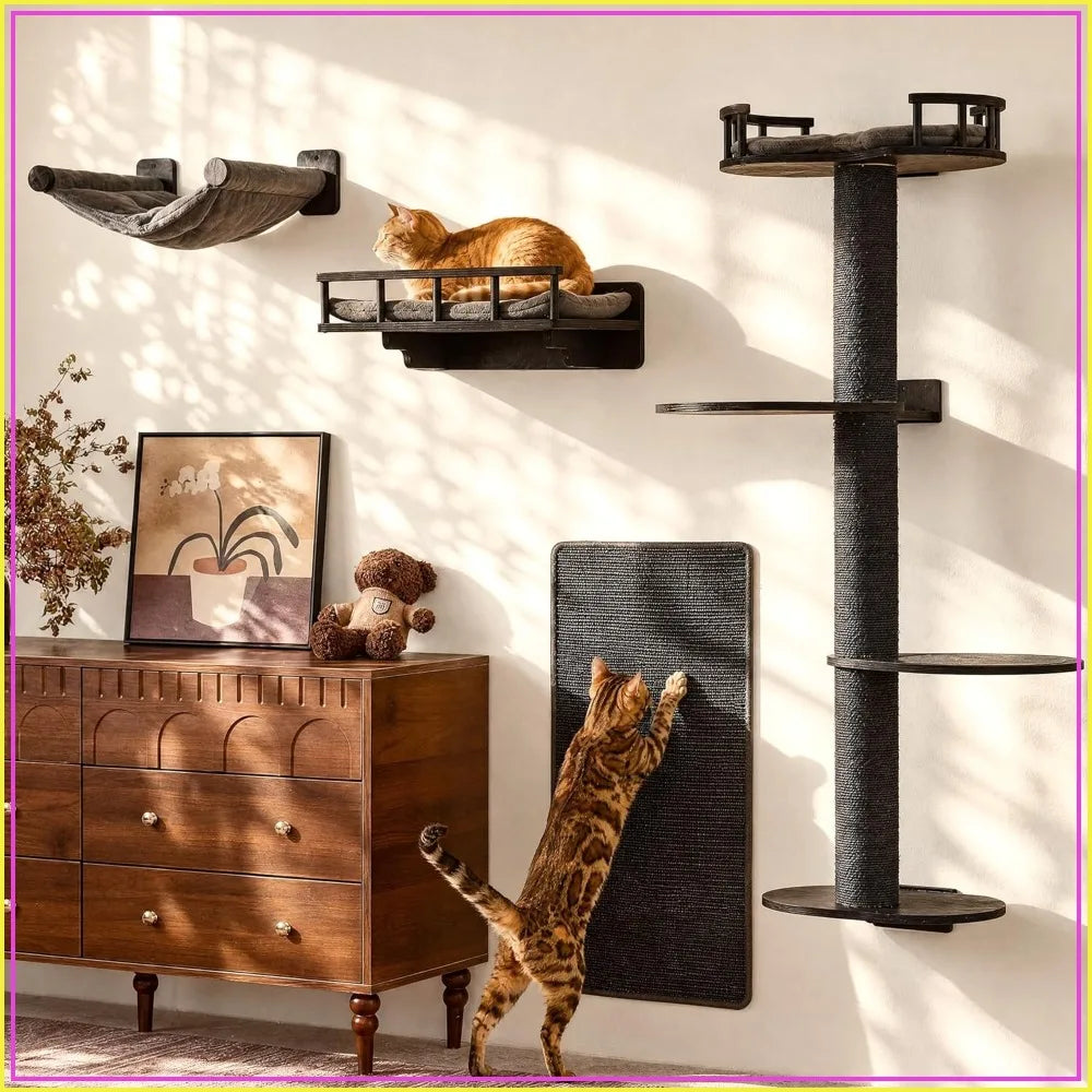 4 in 1 Cat Wall Shelves: Hammock, Bed, Perch & Scratching Mat, Wooden Wall-Mounted Furniture Set (Black)