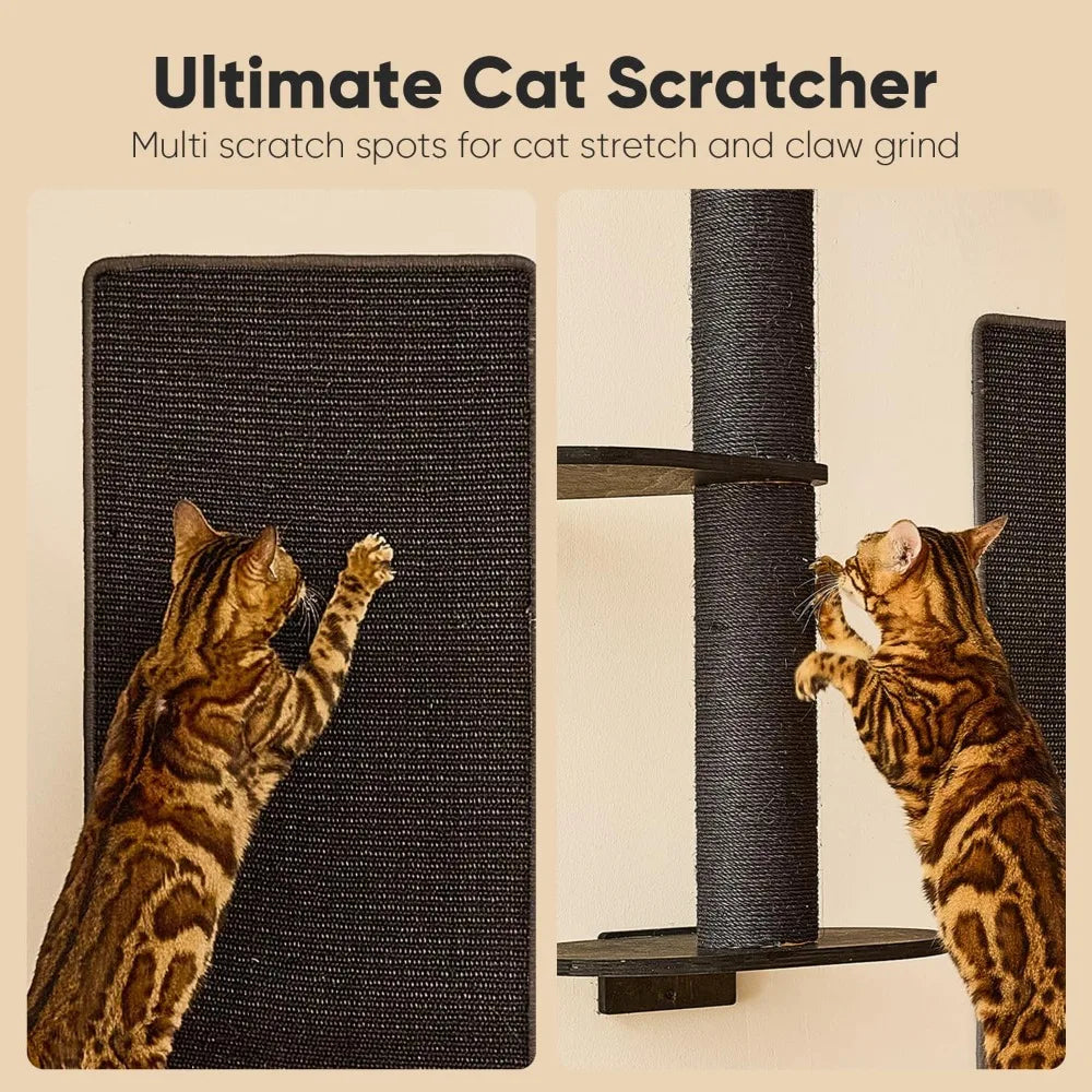4 in 1 Cat Wall Shelves: Hammock, Bed, Perch & Scratching Mat, Wooden Wall-Mounted Furniture Set (Black)