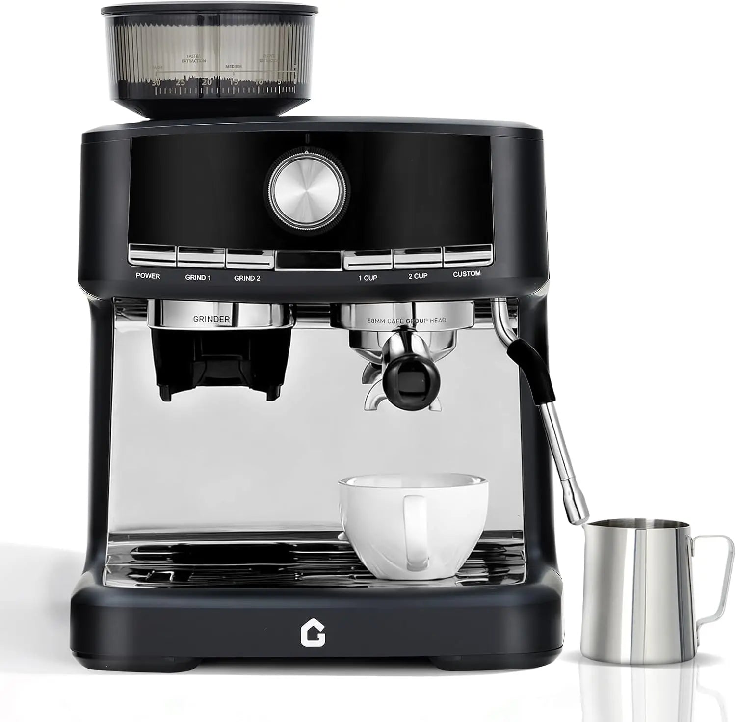 20 Bar Espresso Coffee Machine with Built-in Grinder, Stainless Steel, 1.5L Detachable Water Reservoir, Milk Frother Steam Wand