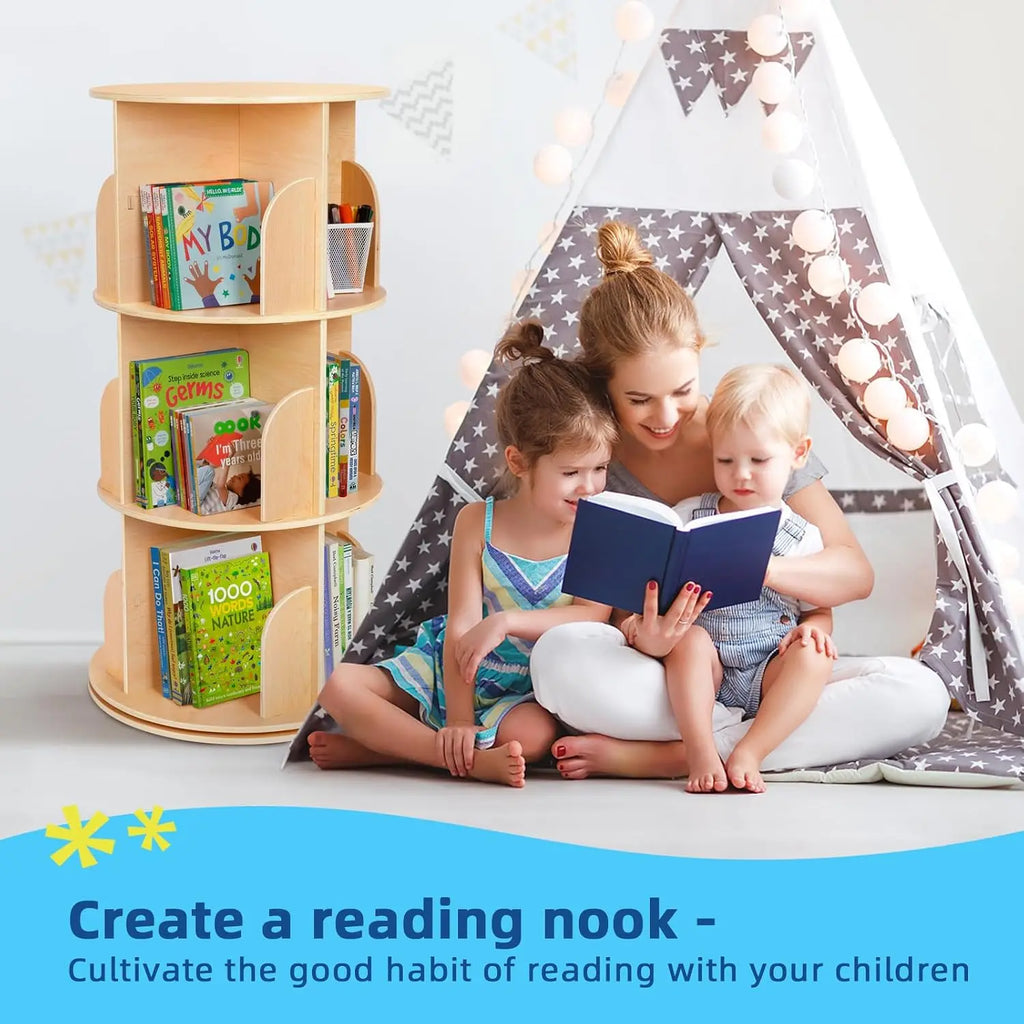 3-Tier Rotating Bookshelf Tower for Kids, 360° Spinning Book Display, Space-Saving Storage for Small Rooms
