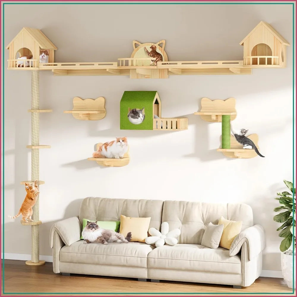 Solid Wood Cat Wall Shelves, Floor to Ceiling Cat Tower with Scratching Posts, Climbing Furniture for Large Cats, Steps, Runway, Scratching Board