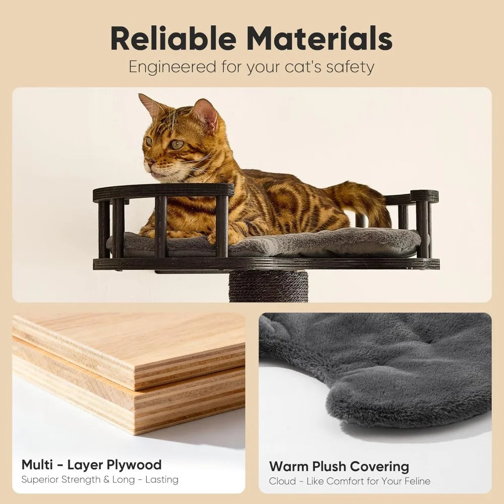 4 in 1 Cat Wall Shelves: Hammock, Bed, Perch & Scratching Mat, Wooden Wall-Mounted Furniture Set (Black)