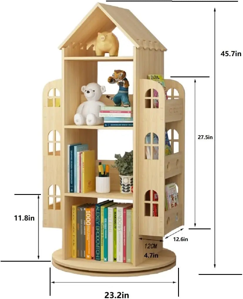 360° Rotating Bookshelf for Kids, Floor Standing Display Rack, Natural Pine Wood