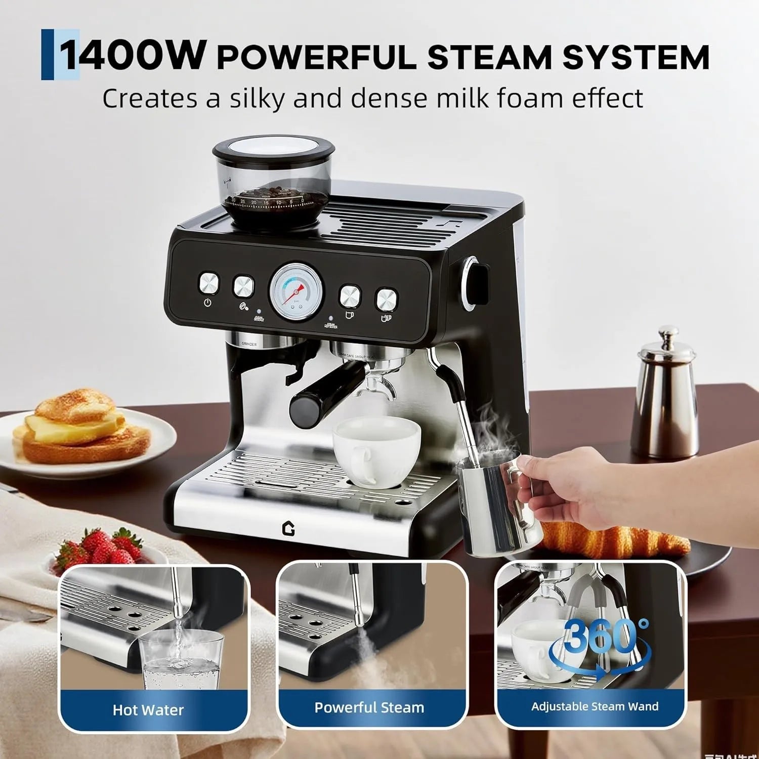 Stainless Steel Espresso Machine with Grinder 20 Bar ＆ 2.8l Removable Tank