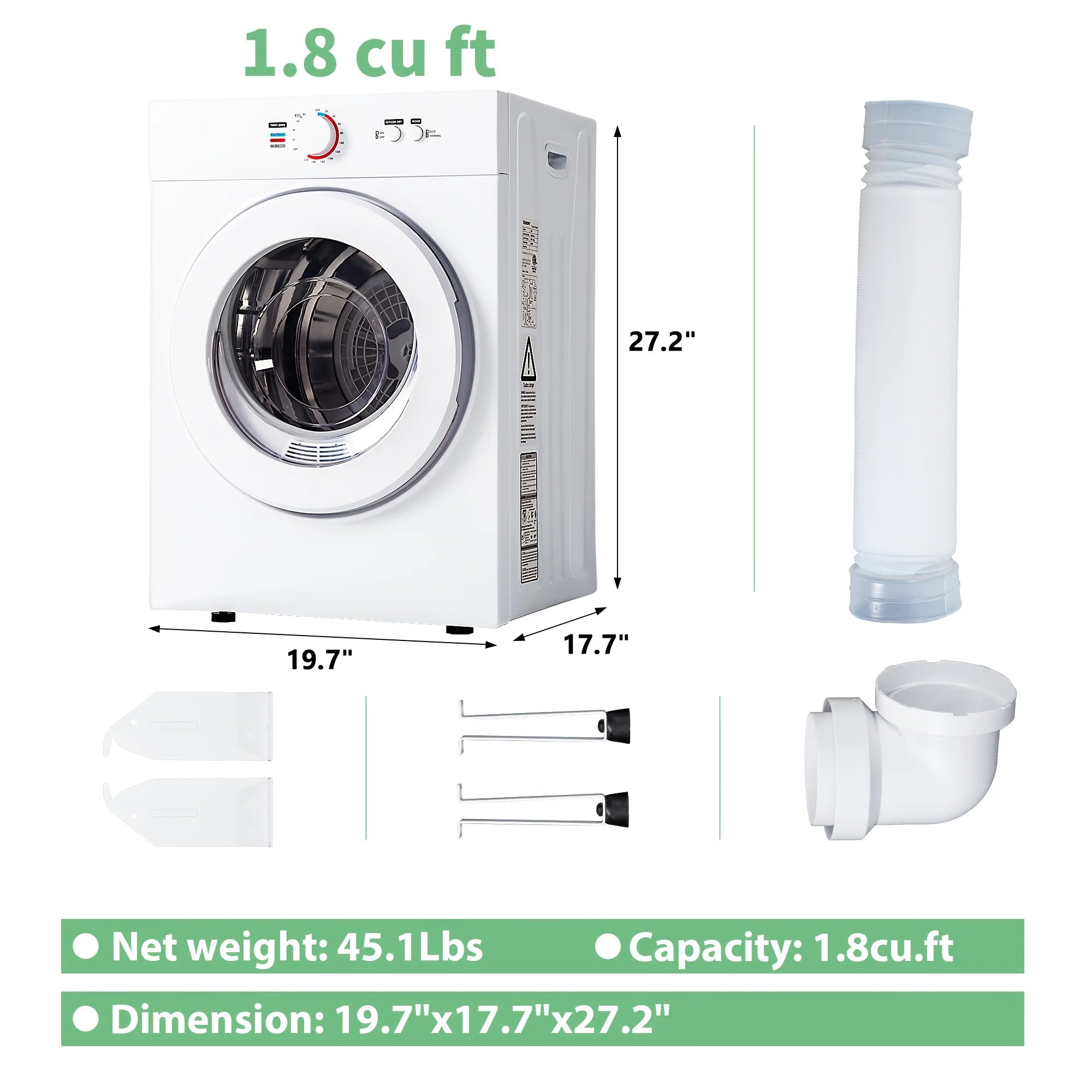 ICYGLEE 1.6/1.85/2.8 Cu. Ft. Compact Clothes Dryer with Stainless Steel Lined Exhaust Duct, Portable Four-Function Dryer Machine, Perfect for Apartments, Dorms, RVs, White