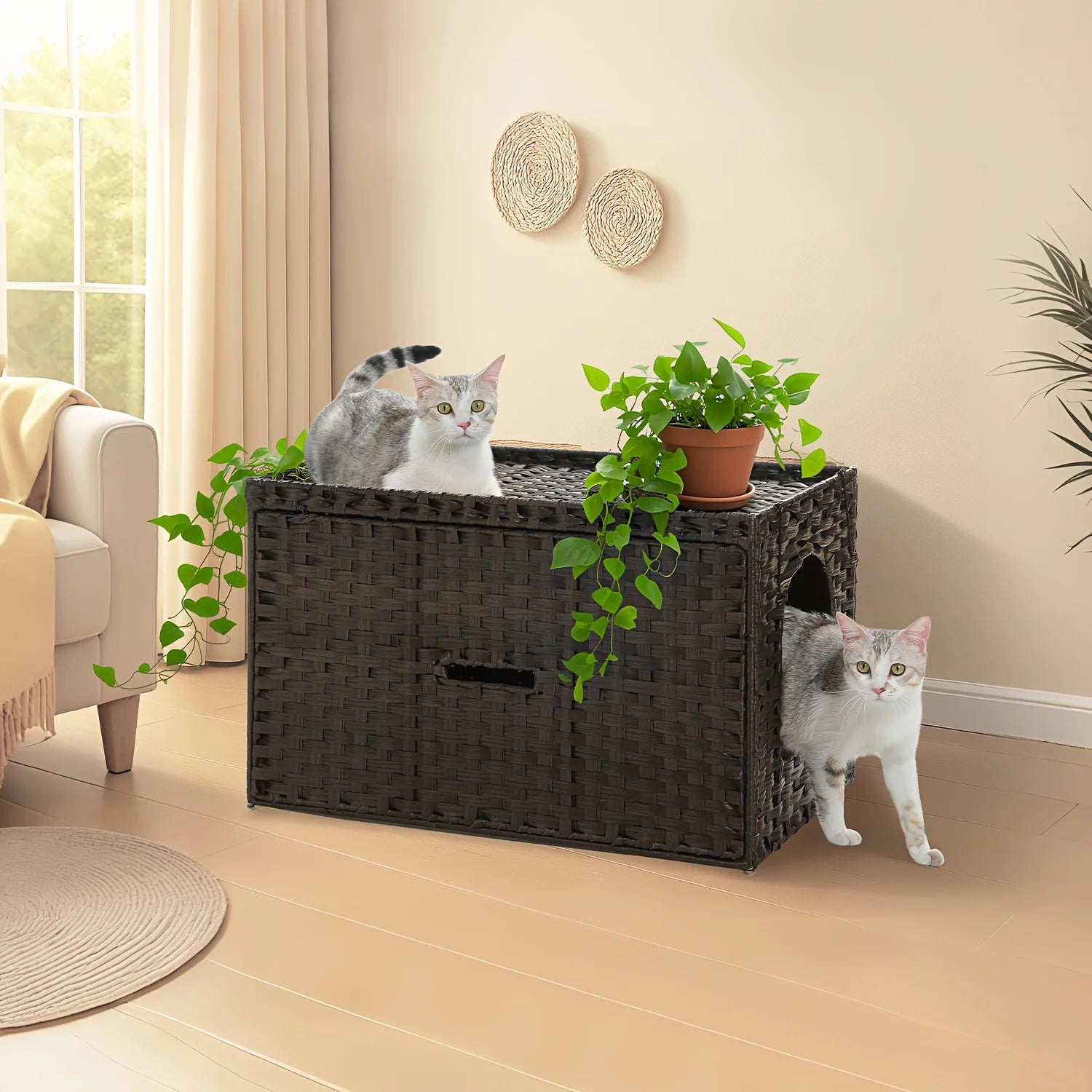 Large Hidden Litter Box Cat House Cabinet for Indoor Cats - Multi-Functional Pet Furniture with Raised Door & Cushion Lip, Handwoven Rattan Design, Easy-Clean Durable Frame, Modern Home Decor in Gray/Black/Beige/Brown - Spaci