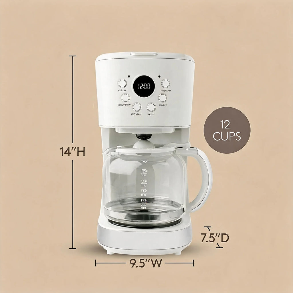 Coffee Machine, 12 Cup Programmable Drip Coffee Maker, Ivory & Chrome