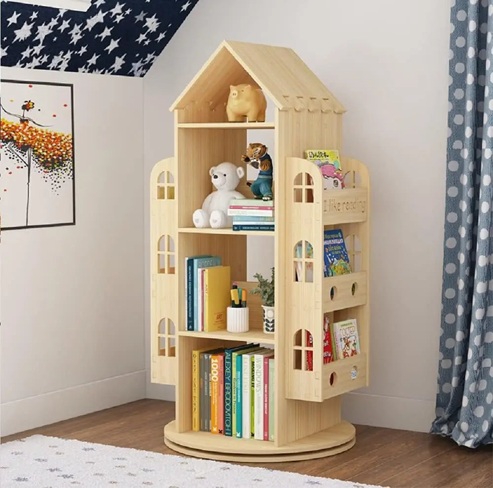 360° Rotating Bookshelf for Kids, Floor Standing Display Rack, Natural Pine Wood