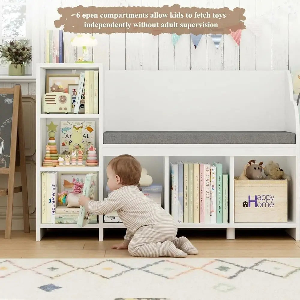 67 White Kids Reading Corner with Storage, Large Bookshelf and Toy Box on Wheels, Playroom Organizer with Bench and 6 Cubbies