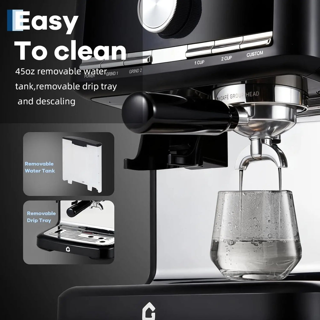 20 Bar Espresso Coffee Machine with Built-in Grinder, Stainless Steel, 1.5L Detachable Water Reservoir, Milk Frother Steam Wand