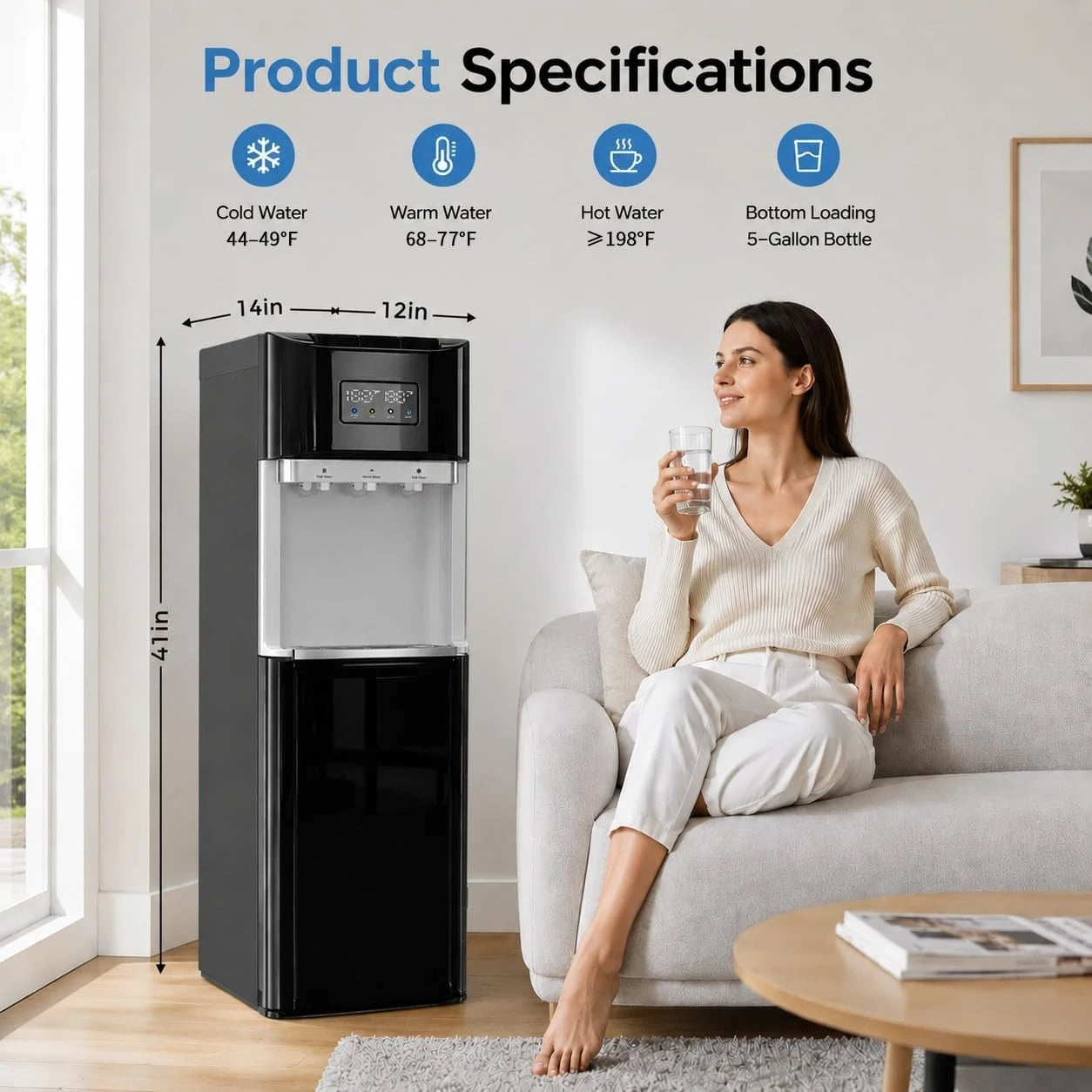 Bottom Loading Water Cooler Dispenser for 3 & 5 Gallon Bottles, Hot, Cold & Room Water, LED Display, Safety Lock
