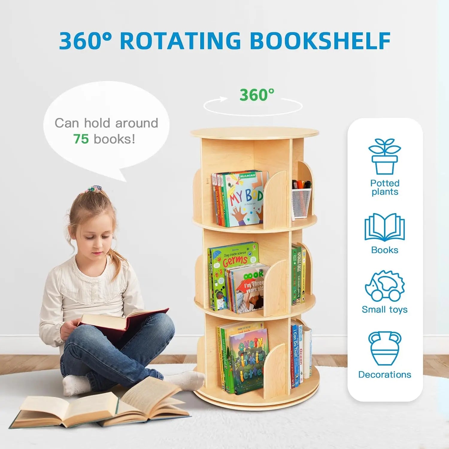 3-Tier Rotating Bookshelf Tower for Kids, 360° Spinning Book Display, Space-Saving Storage for Small Rooms