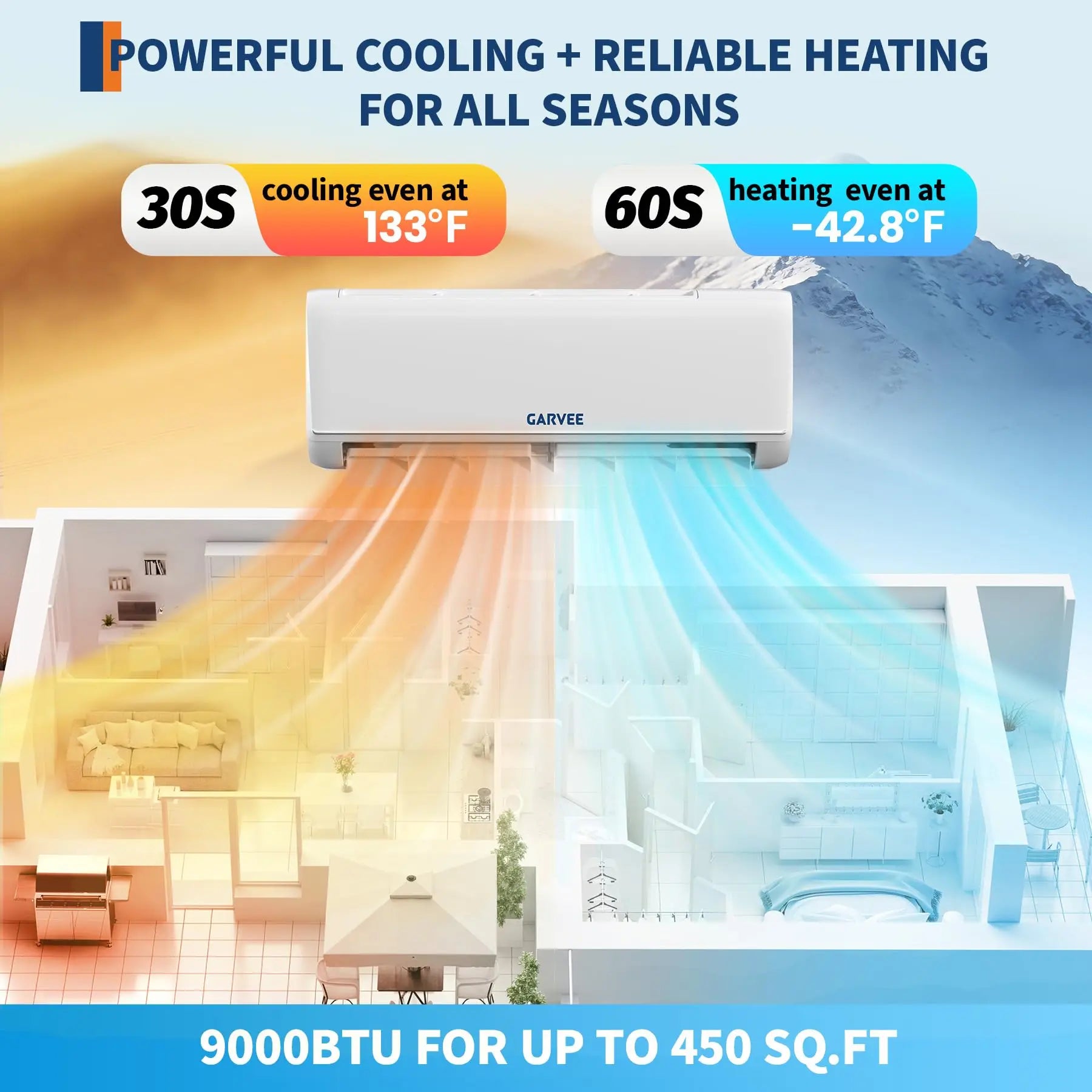 Mini Split AC & Heat Pump 9000 BTU 208/230V, 18.5 SEER2 WiFi, Compatible With Alexa Google Home, 28dB Quiet For 450 Sq.Ft