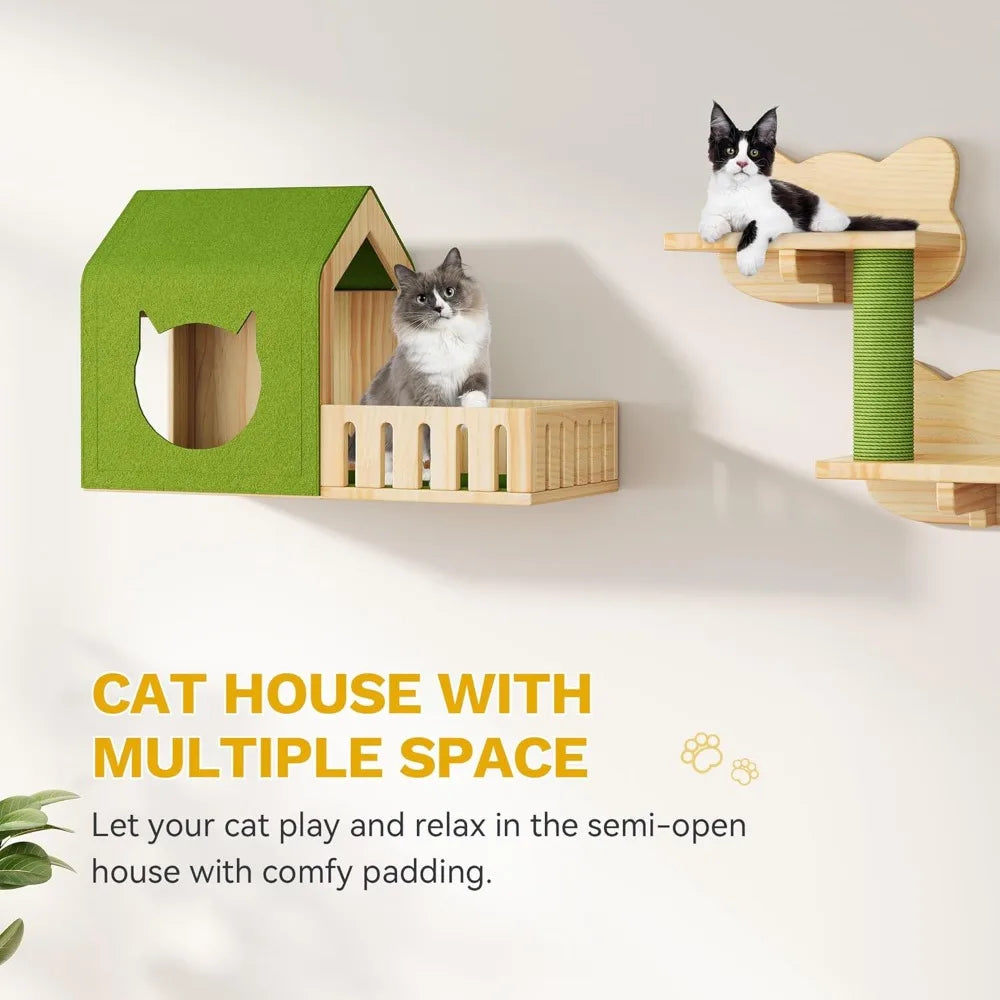 Solid Wood Cat Wall Shelves, Floor to Ceiling Cat Tower with Scratching Posts, Climbing Furniture for Large Cats, Steps, Runway, Scratching Board
