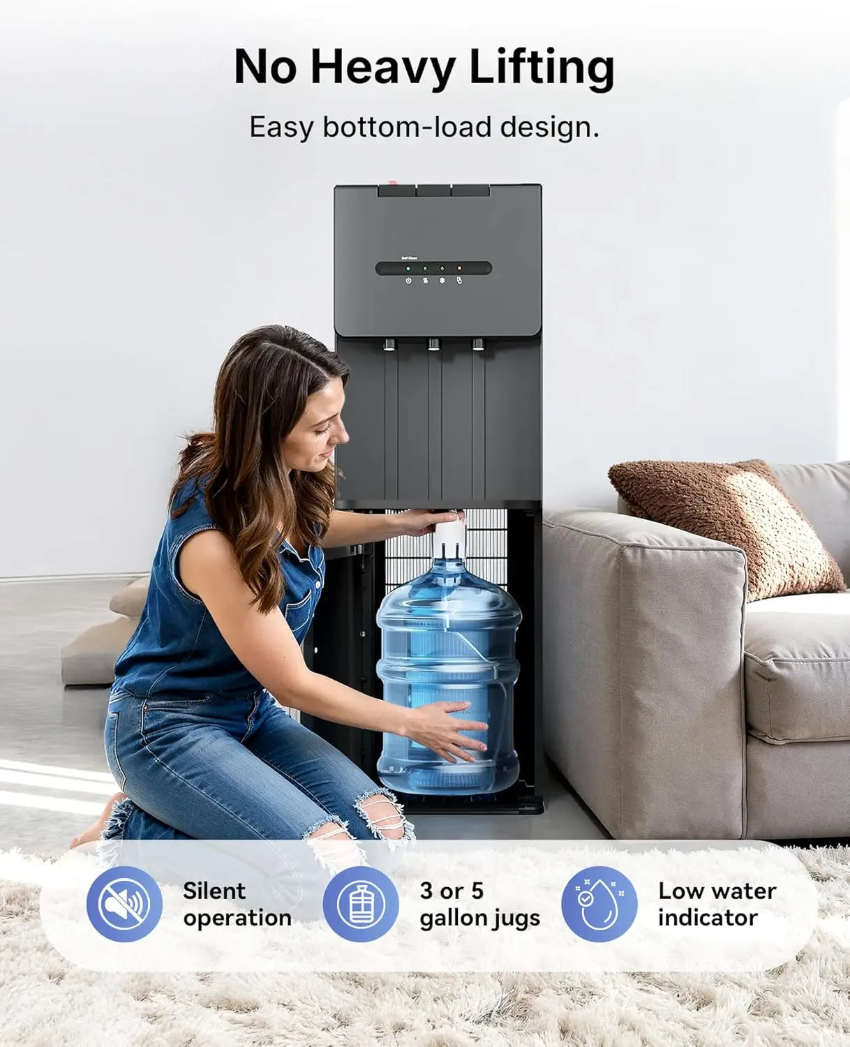 Self Cleaning Water Dispenser, Bottom Loading Water Dispenser for 3 & 5 Gallon Bottles,LED Indicators, Ideal，Black