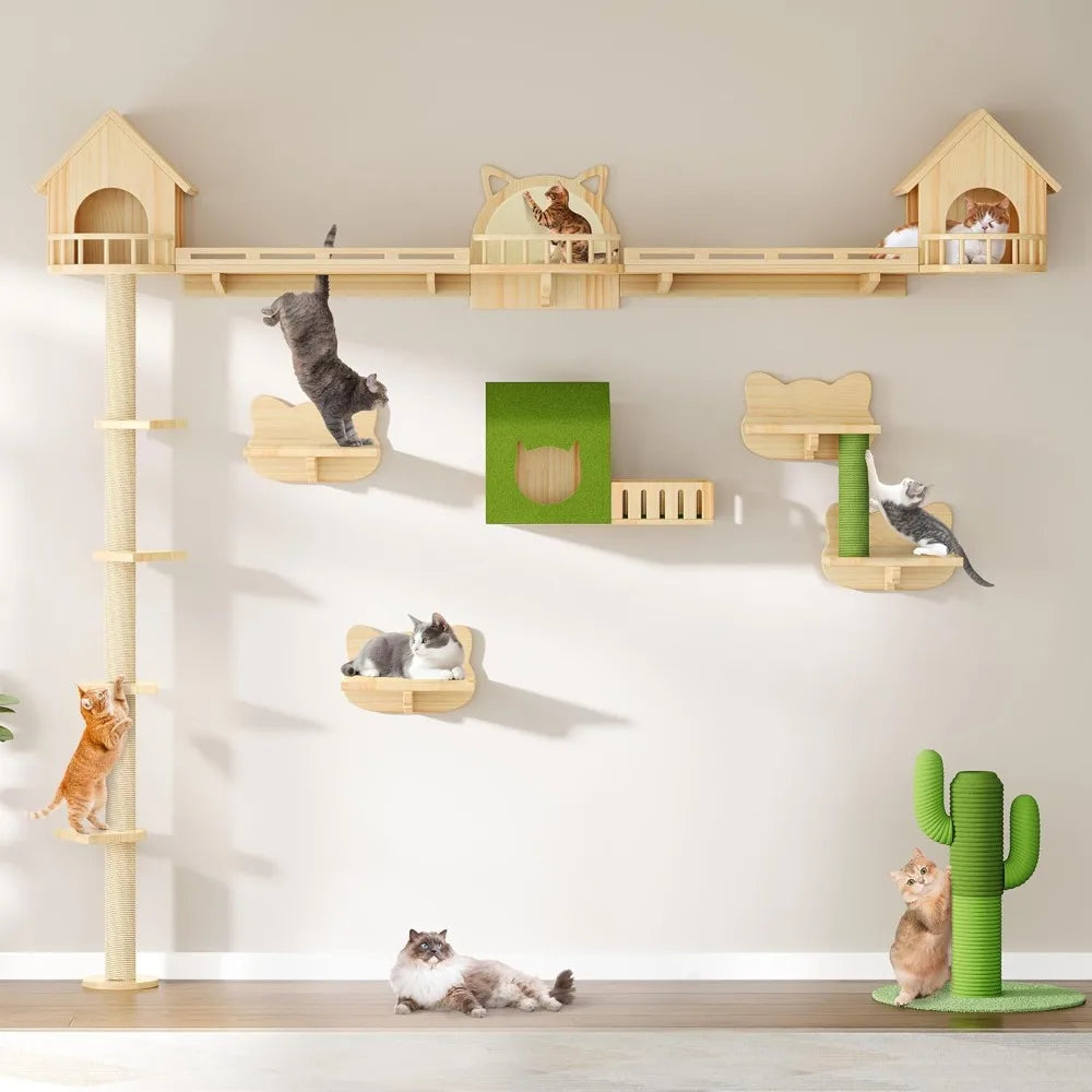 Solid Wood Cat Wall Shelves, Floor to Ceiling Cat Tower with Scratching Posts, Climbing Furniture for Large Cats, Steps, Runway, Scratching Board
