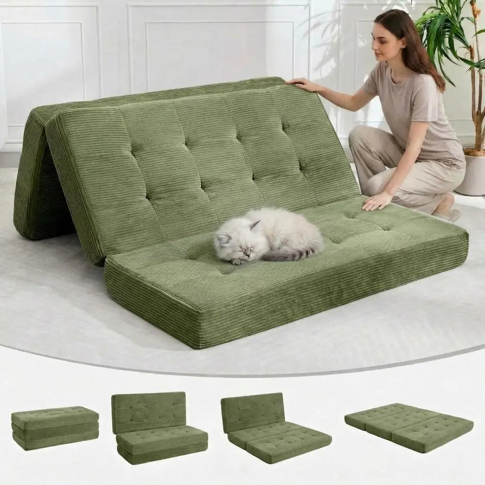 6 Inch Thick Corduroy Twin Size Floor Mattress for Bedrooms, RVs, and Camping (Green, 54.3x75)