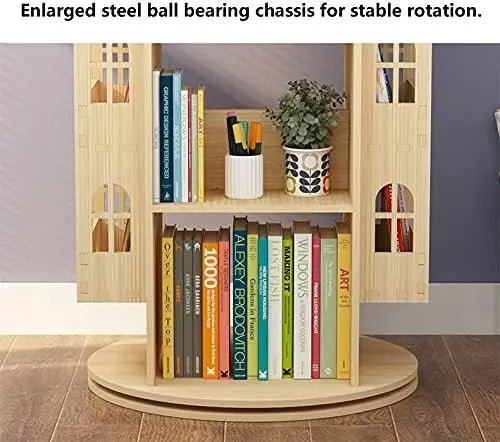 360° Rotating Bookshelf for Kids, Floor Standing Display Rack, Natural Pine Wood