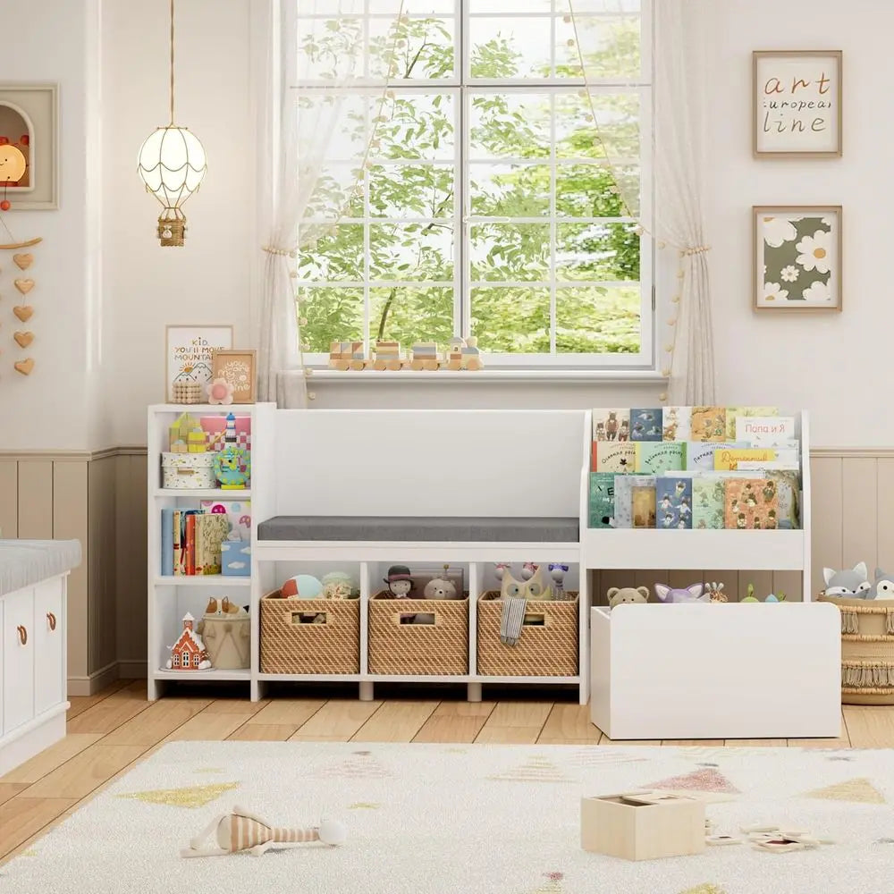 67 White Kids Reading Corner with Storage, Large Bookshelf and Toy Box on Wheels, Playroom Organizer with Bench and 6 Cubbies