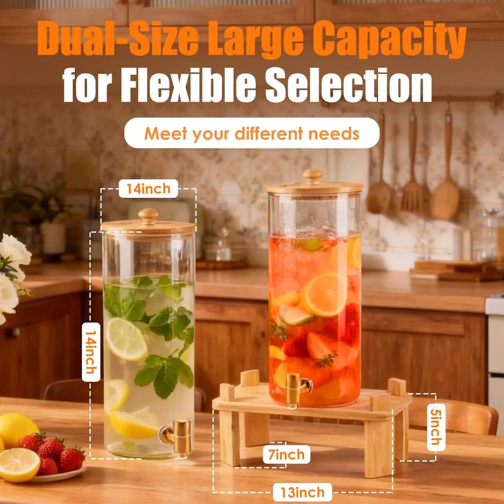 2 Pack 2 Gallon Glass Drink Dispenser with Wood Stand for Parties, Beverage Dispenser with Spigot for Lemonade, Iced Tea, Juice