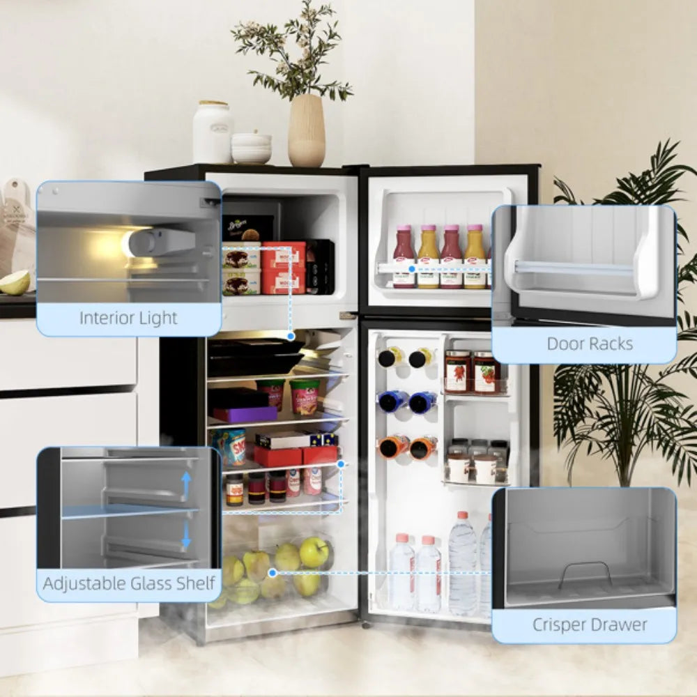 4 Cu.Ft Mini Fridge with Freezer, 2-Door Compact Refrigerator, 115V, 45.1" H, Stainless Steel, for Dorm, Office, Apartment