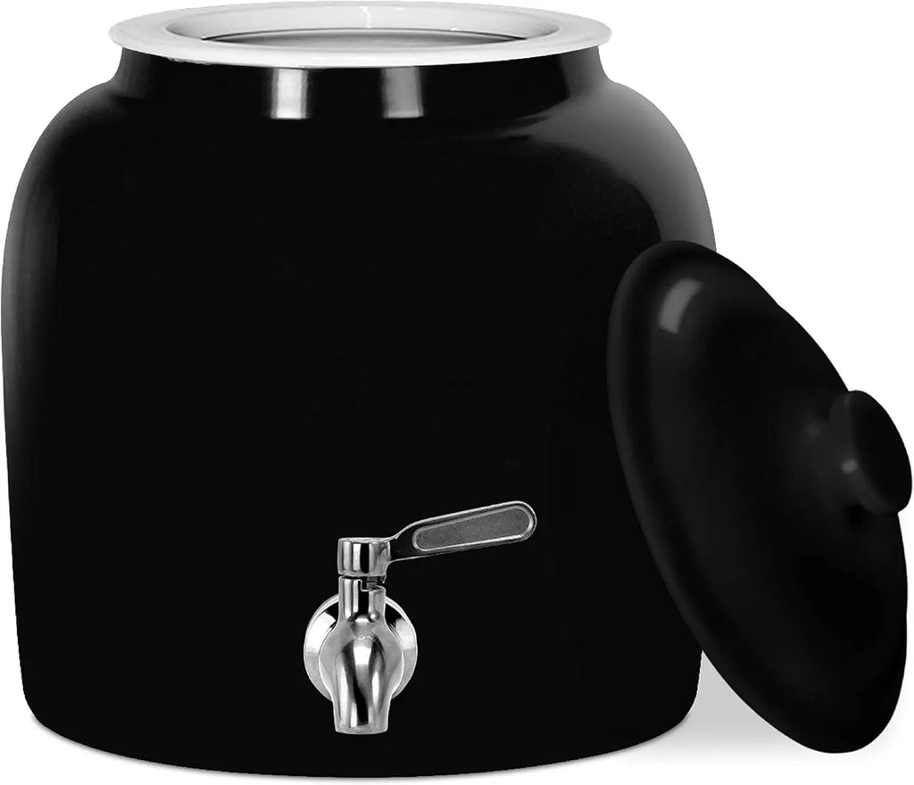 Porcelain Water Crock Dispenser with Stainless Steel Faucet, Fits 3-5 Gallon Jugs, Solid Black