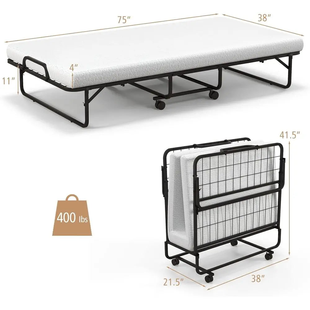 Twin Size Memory Foam Mattress with Sturdy Metal Frame, Portable Rollaway Bed for Adults & Kids, Ideal for Home or Office
