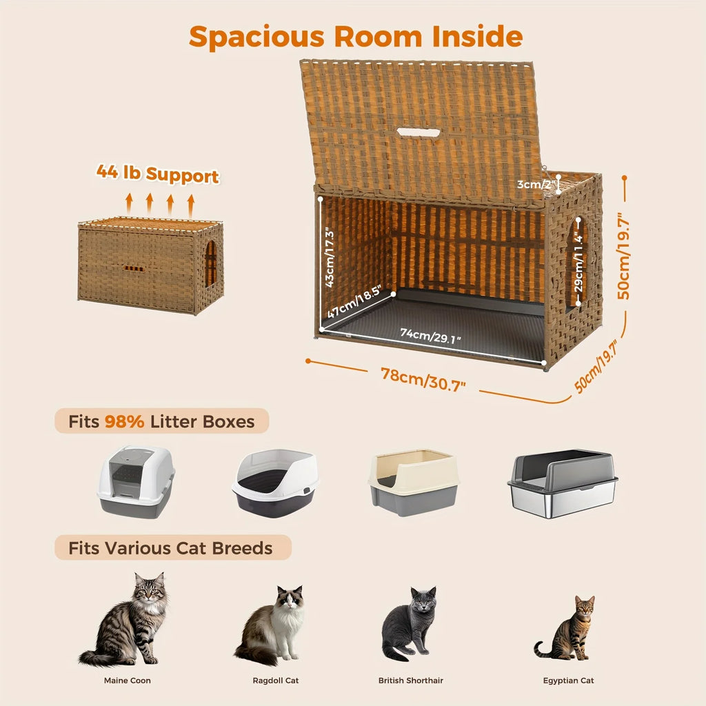 Large Hidden Litter Box Cat House Cabinet for Indoor Cats - Multi-Functional Pet Furniture with Raised Door & Cushion Lip, Handwoven Rattan Design, Easy-Clean Durable Frame, Modern Home Decor in Gray/Black/Beige/Brown - Spaci