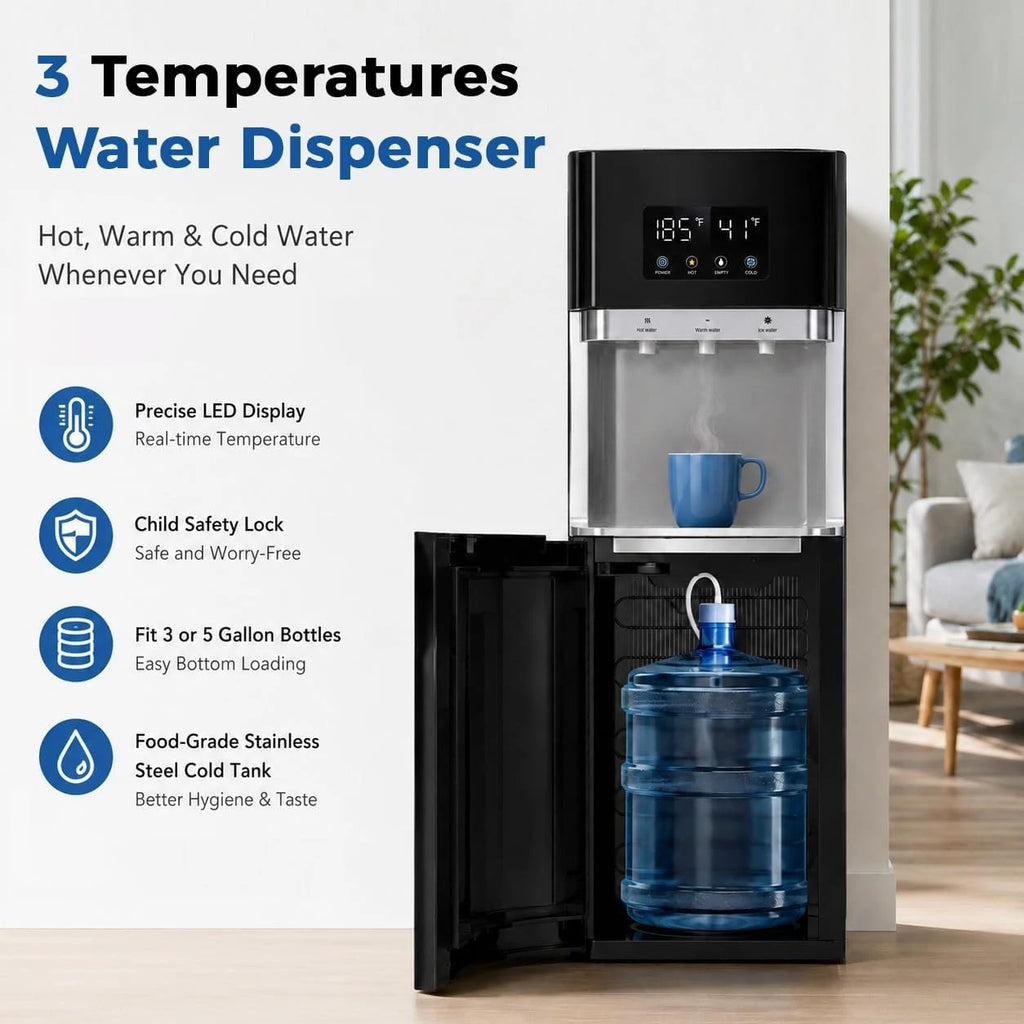 Bottom Loading Water Cooler Dispenser for 3 & 5 Gallon Bottles, Hot, Cold & Room Water, LED Display, Safety Lock
