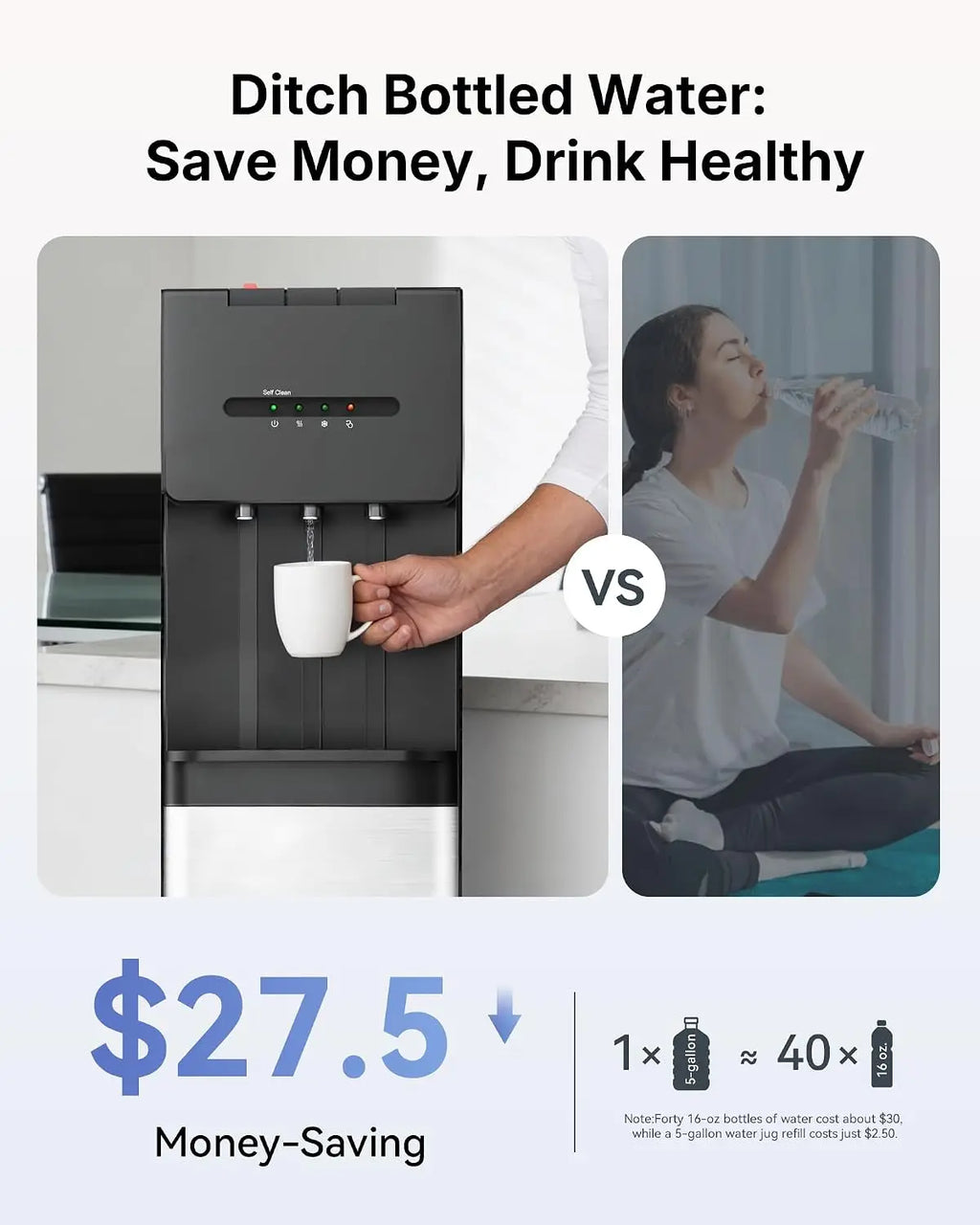 Self Cleaning Water Dispenser, Bottom Loading Water Dispenser for 3 & 5 Gallon Bottles,LED Indicators, Ideal，Black
