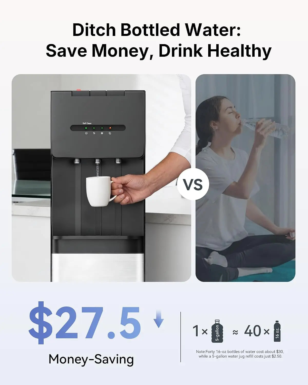 Self Cleaning Water Dispenser, Bottom Loading Water Dispenser for 3 & 5 Gallon Bottles,LED Indicators, Ideal，Black
