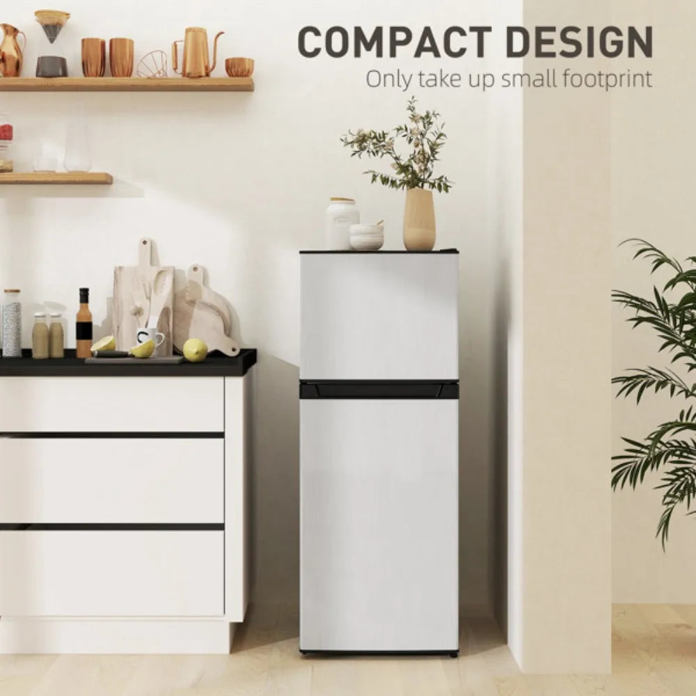 4 Cu.Ft Mini Fridge with Freezer, 2-Door Compact Refrigerator, 115V, 45.1" H, Stainless Steel, for Dorm, Office, Apartment