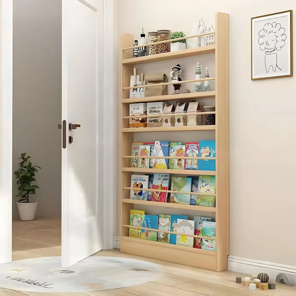 6-Tier Behind Door Bookshelf, Slim Wooden Bookcase for Kids, Space-Saving Storage for Toys & Books, 3.9" Deep