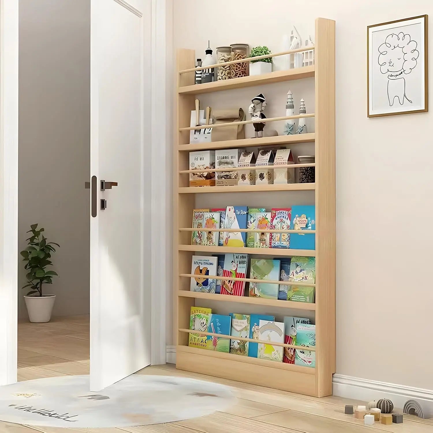 6-Tier Behind Door Bookshelf, Slim Wooden Bookcase for Kids, Space-Saving Storage for Toys & Books, 3.9" Deep
