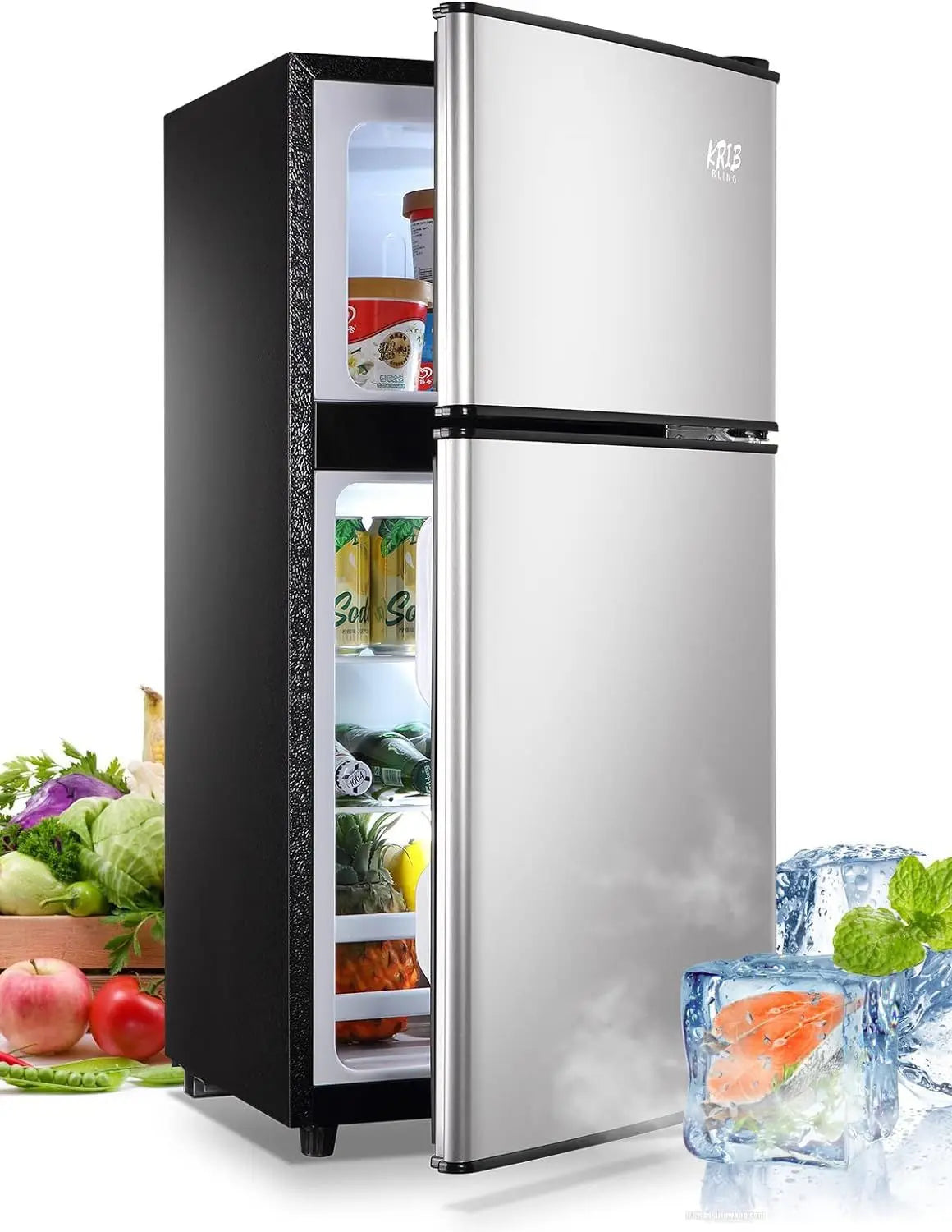 3.5Cu.Ft Compact Refrigerator Mini Fridge with Freezer, Small Refrigerator with 2 Door, 7 Level Thermostat Removable Shelves for Kitchen, Dorm, Apartment, Bar, Office, Silver