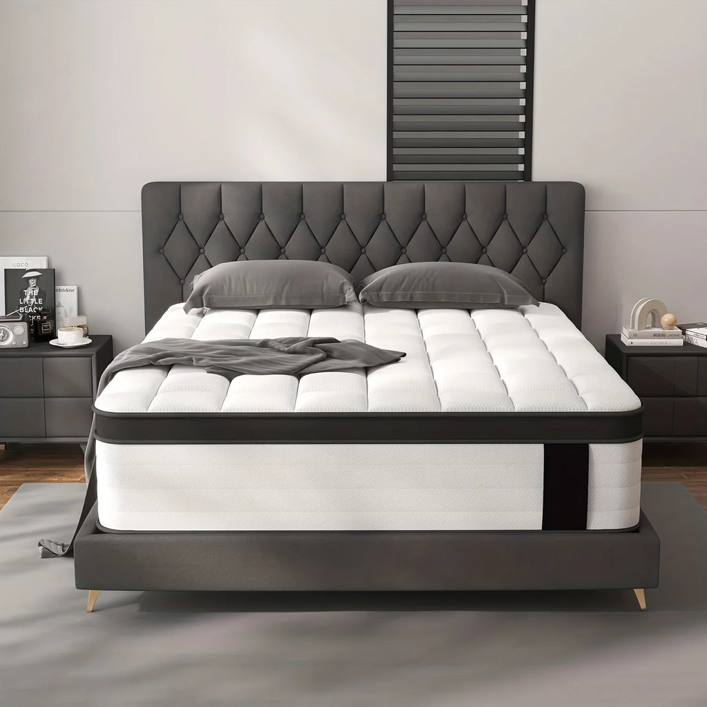 12 Inch Queen/King/Full Size Mattress - Medium Firm Support with Memory Foam & Pocket Springs, Lumbar Support, Plush Top Layer, Boxed Design, No Electricity/Battery-Free, Fire-Resistant Polyester Cover, Ideal for Home & Hotel