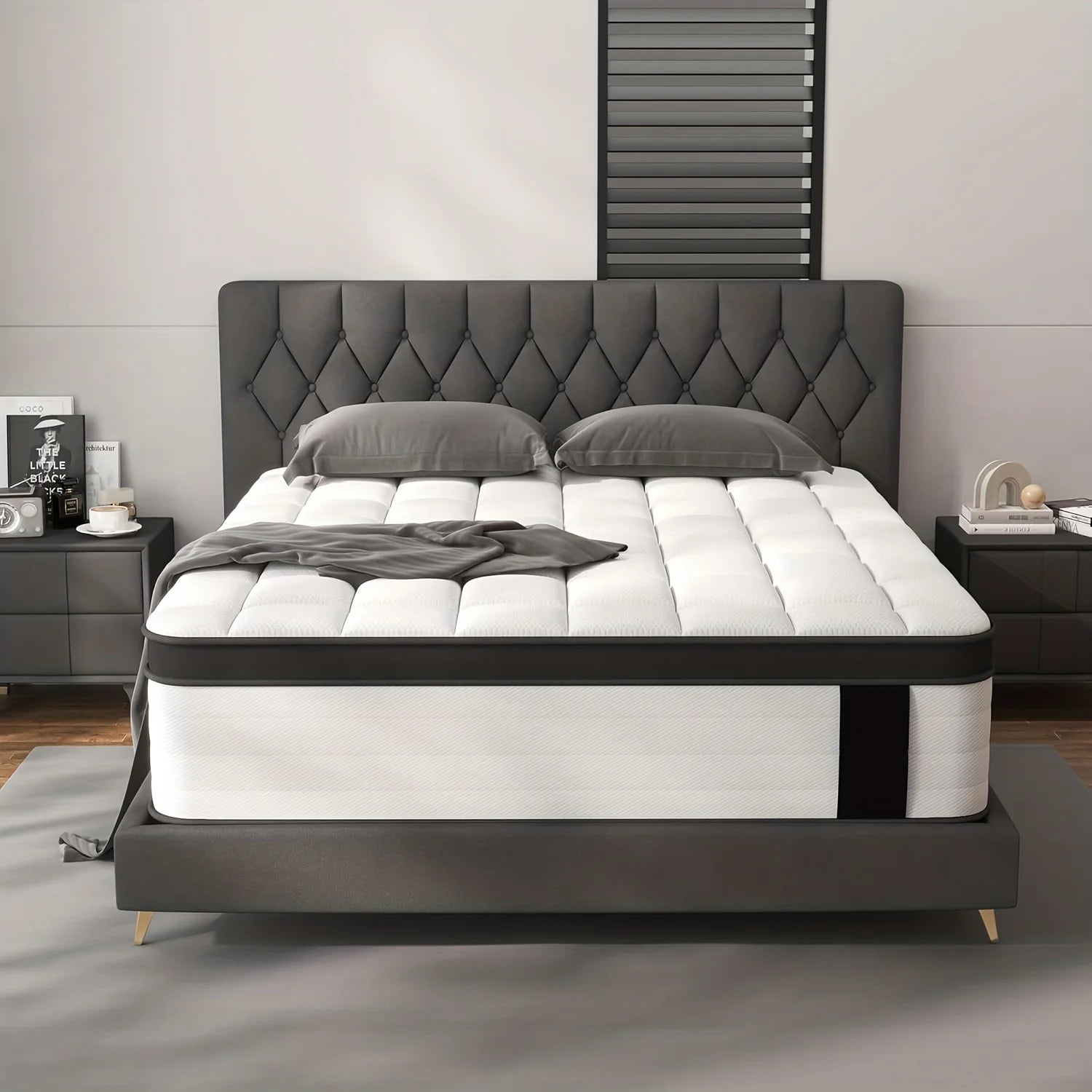 12 Inch Queen/King/Full Size Mattress - Medium Firm Support with Memory Foam & Pocket Springs, Lumbar Support, Plush Top Layer, Boxed Design, No Electricity/Battery-Free, Fire-Resistant Polyester Cover, Ideal for Home & Hotel